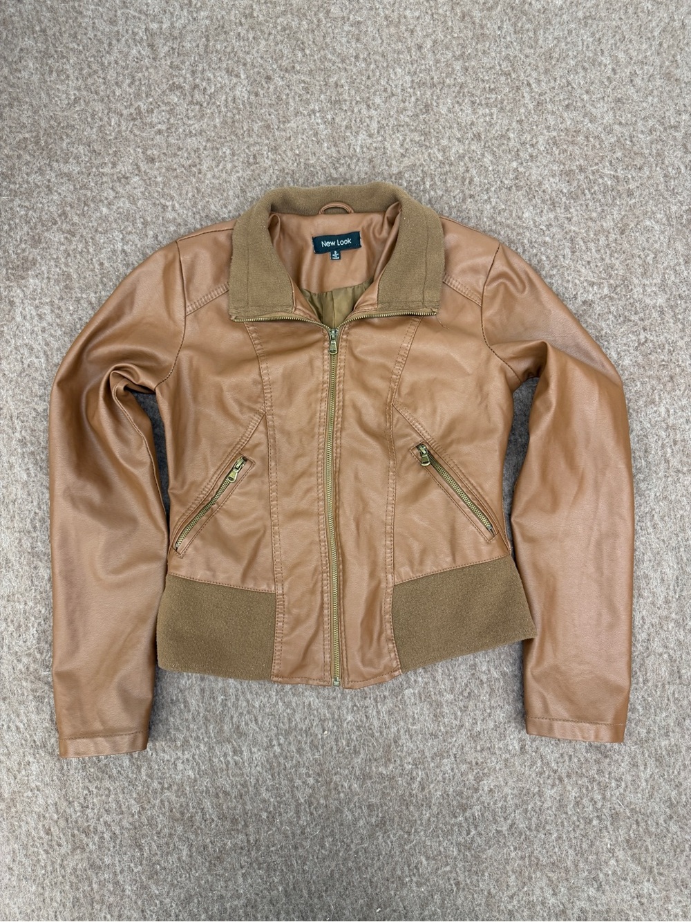 Y2K New Look Brown Faux Leather Moto Jacket Olive Ribbed Collar & Hem Women’s S